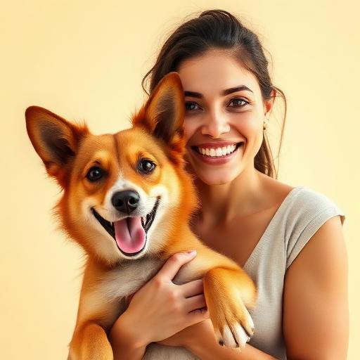 Mariana sorrindo com seu cachorro vira-lata Thor no colo