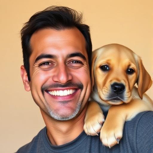 Carlos sorrindo com seu filhote de golden retriever no ombro