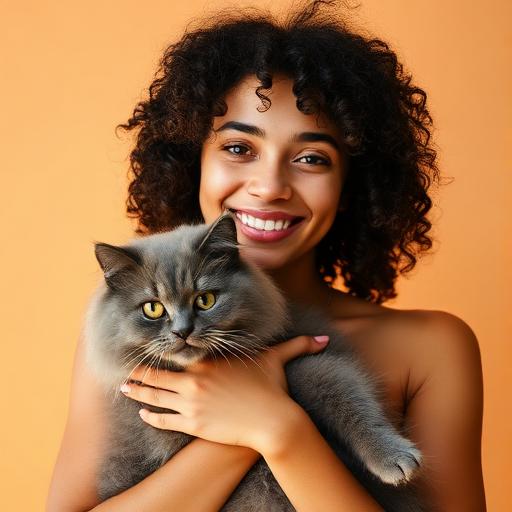 Júlia sorrindo com sua gata cinza Frida no colo