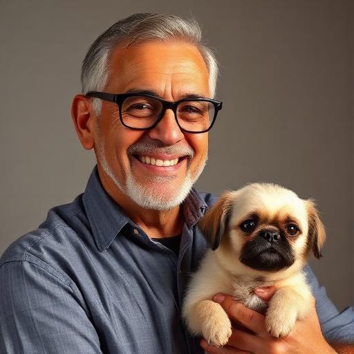 Roberto sorrindo com seu cachorro idoso Toby no colo