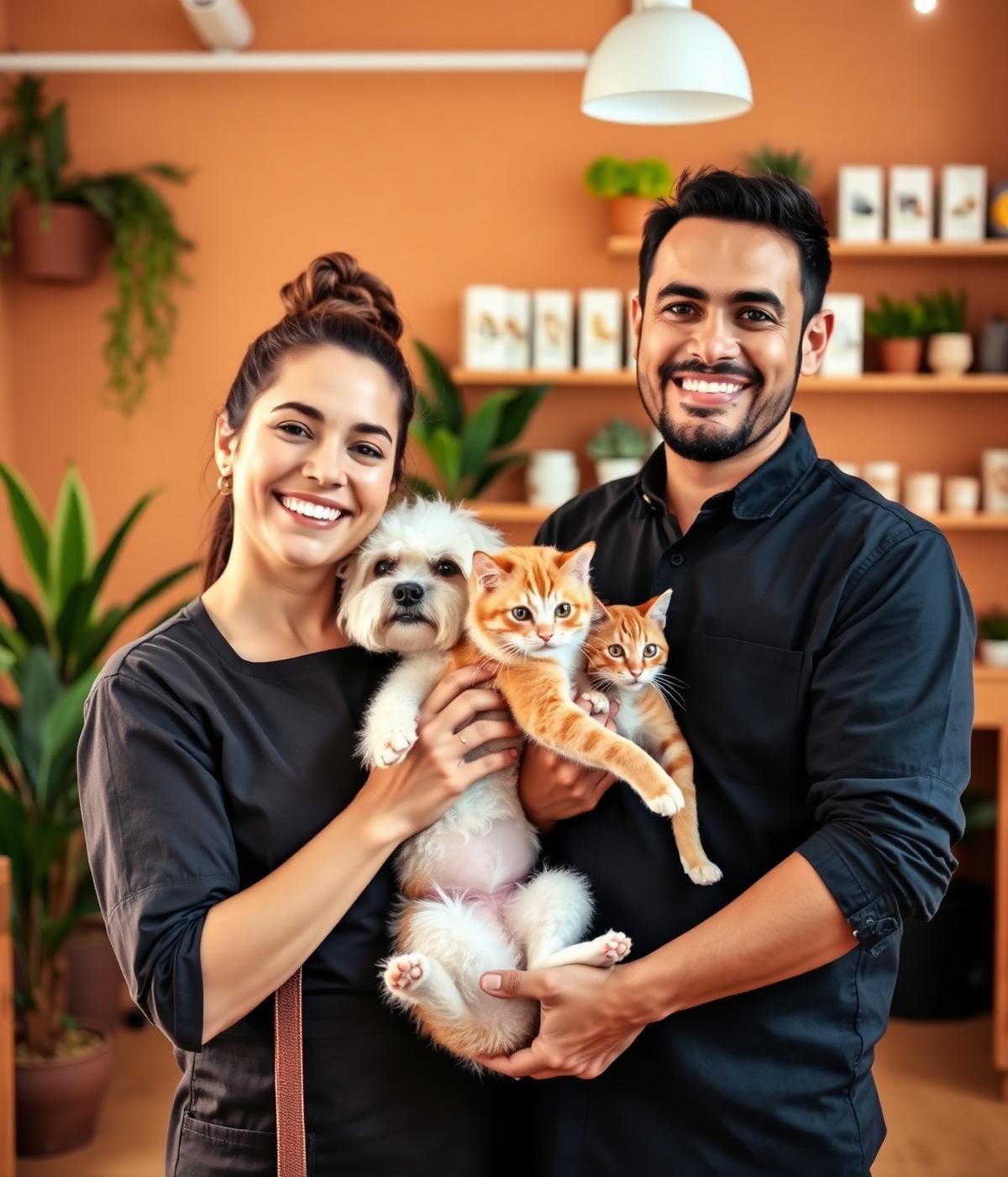 Equipe do Petshop do Paçoca sorrindo com um cão e dois gatos no colo, dentro da loja