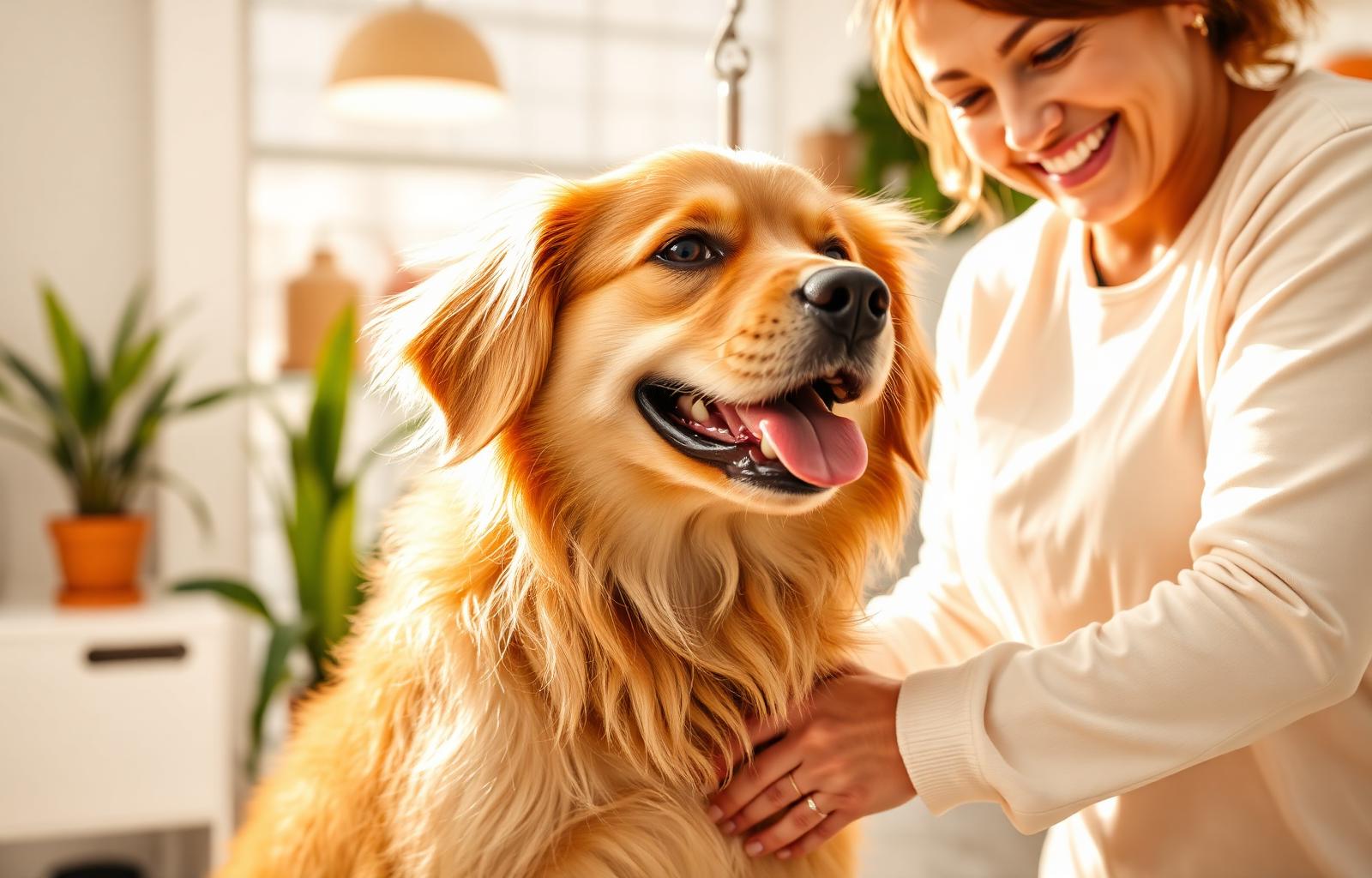 Groomer sorrindo enquanto cuida com carinho de um cão calmo e feliz no Petshop do Paçoca